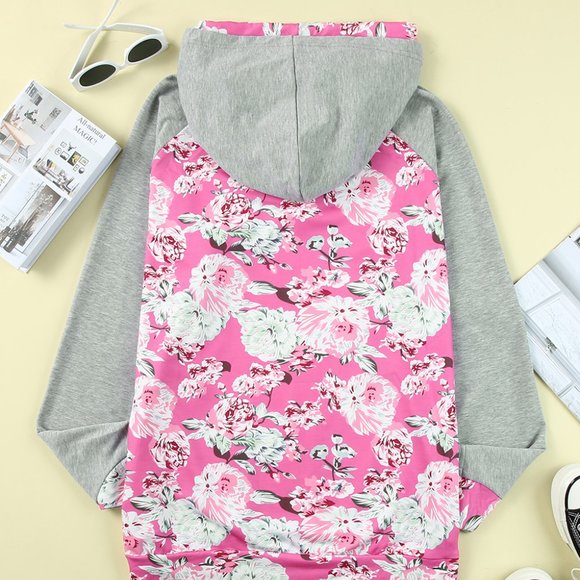 Light Pink Floral Hoodie Plus Size with zipper accent (Pink & Gray) - Picture 4 of 10